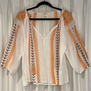 Sundance‎ White And Orange Embroidered Peasant Blouse Top